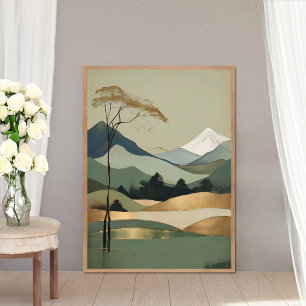 Japans Goud & Groen Berglandschap Poster