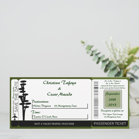 Japans Groen Hi Boarding Pass Bruiloft uitnodiging (Staand voorkant)