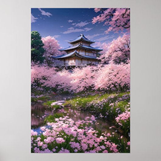 Japans herenhuis omarmd door Sakura Blossoms Poster (Voorkant)