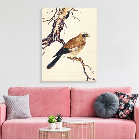 Japans Hout snijvlak van een Finch, bruin en beige Canvas Afdruk (Insitu (Woonkamer))