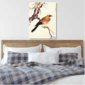 Japans Hout snijvlak van een Finch, bruin en beige Canvas Afdruk (Insitu (Slaapkamer))