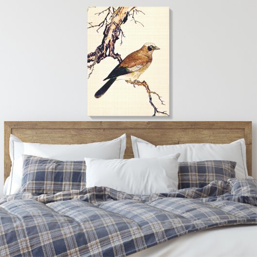 Japans Hout snijvlak van een Finch, bruin en beige Canvas Afdruk (Insitu (Slaapkamer))