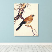 Japans Hout snijvlak van een Finch, bruin en beige Canvas Afdruk (Insitu (Houten vloer))