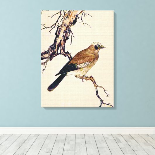 Japans Hout snijvlak van een Finch, bruin en beige Canvas Afdruk (Insitu (Houten vloer))