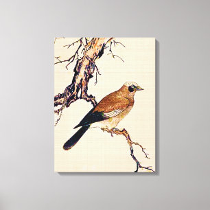 Japans Hout snijvlak van een Finch, bruin en beige Canvas Afdruk