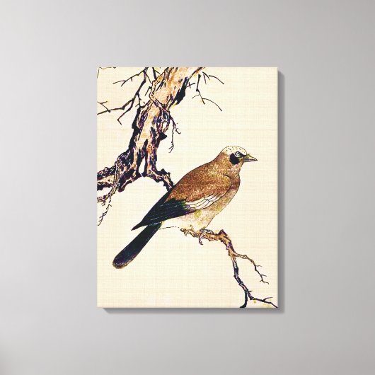 Japans Hout snijvlak van een Finch, bruin en beige Canvas Afdruk (Voorkant)