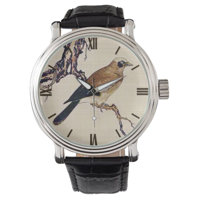 Japans Hout snijvlak van een Finch, bruin en beige Horloge (Voorkant)