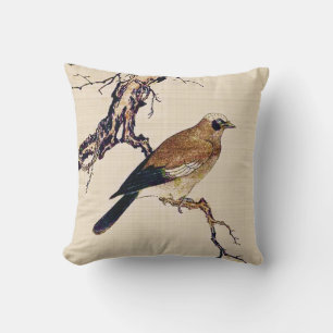 Japans Hout snijvlak van een Finch, bruin en beige Kussen