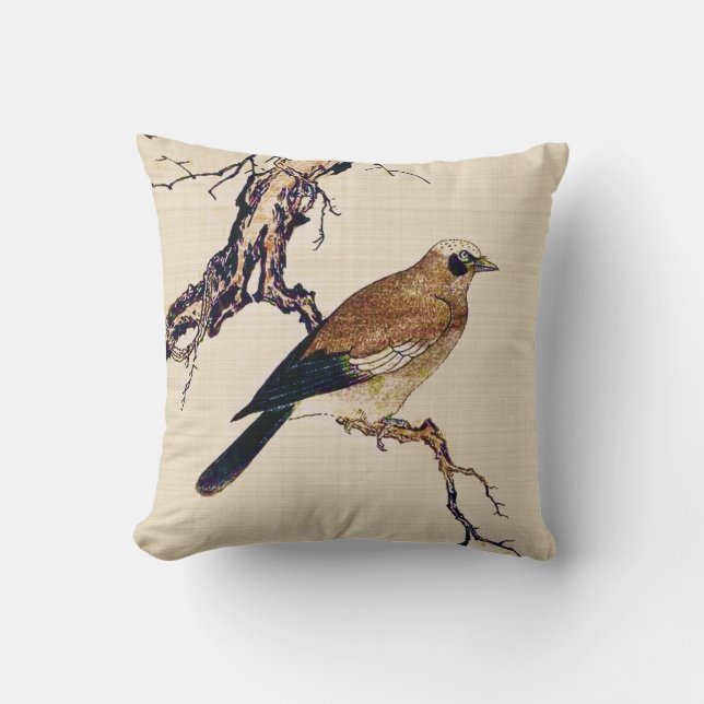 Japans Hout snijvlak van een Finch, bruin en beige Kussen (Voorkant)