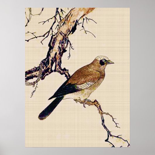 Japans Hout snijvlak van een Finch, bruin en beige Poster (Voorkant)