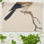 Japans Hout snijvlak van een Finch, bruin en beige Theedoek (Gevouwen)