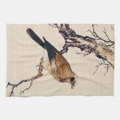 Japans Hout snijvlak van een Finch, bruin en beige Theedoek (Horizontaal)