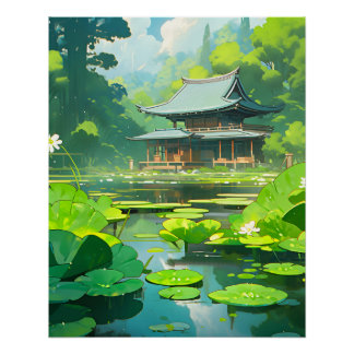 Japans huis en meer met groene lelie pads perfect poster