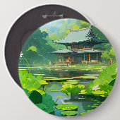 Japans huis en meer met groene lelie pads ronde button 6,0 cm (Voorkant /achterkant)