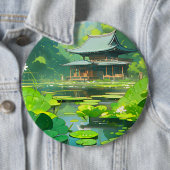 Japans huis en meer met groene lelie pads ronde button 6,0 cm (In situ)