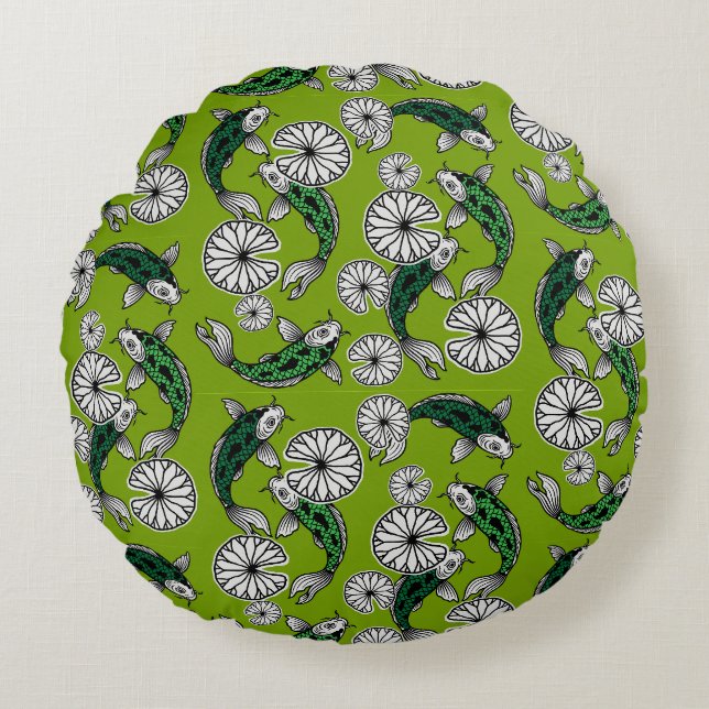 Japans Indigo Groene Karper Folk Patroon Rond Kussen (Voorkant)
