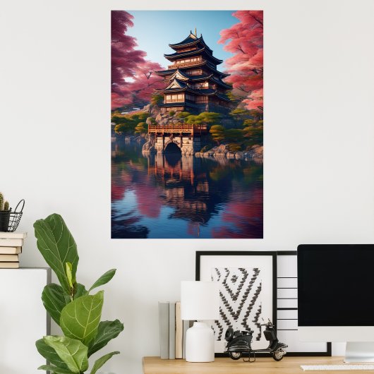 Japans kasteel aan het water poster (Thuiskantoor)