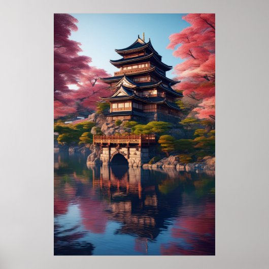 Japans kasteel aan het water poster (Voorkant)