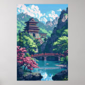 Japans kasteel Pixel Art Landschap Fantasy Poster (Voorkant)