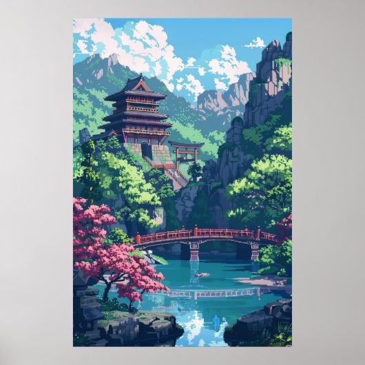 Japans kasteel Pixel Art Landschap Fantasy Poster (Voorkant)