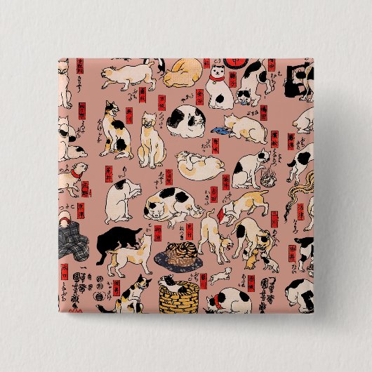 Japans kat Woodblock ukiyo-e  Kat Vierkante Button 5,1 Cm (Voorkant)