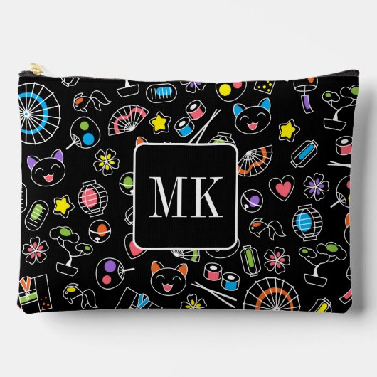 Japans Kawaii Doodles op zwart Monogram Initialen Etui (Voorkant)