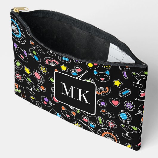 Japans Kawaii Doodles op zwart Monogram Initialen Etui (Open)