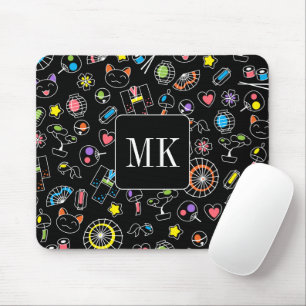 Japans Kawaii Doodles op zwart Monogram Initialen Muismat