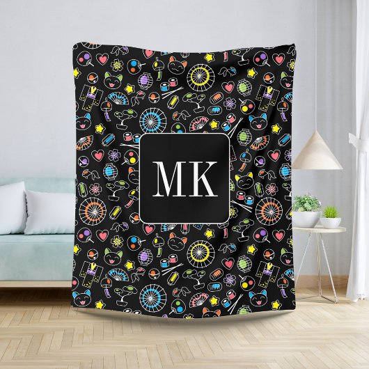 Japans Kawaii Doodles op zwart Monogram Initialen Sherpa Deken