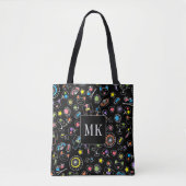 Japans Kawaii Doodles op zwart Monogram Initialen Tote Bag (Voorkant)