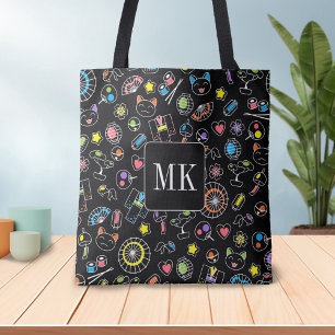 Japans Kawaii Doodles op zwart Monogram Initialen Tote Bag