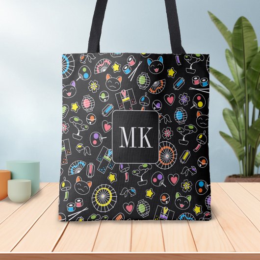 Japans Kawaii Doodles op zwart Monogram Initialen Tote Bag