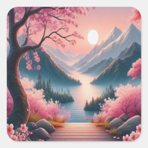 Japans Kersenbloesem Mountain Forest Landschap Vierkante Sticker