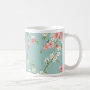 Japans, kersensbloesem, blauwgroen, wit, roze, flo koffiemok