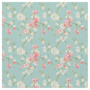 Japans, kersensbloesem, blauwgroen, wit, roze, flo stof
