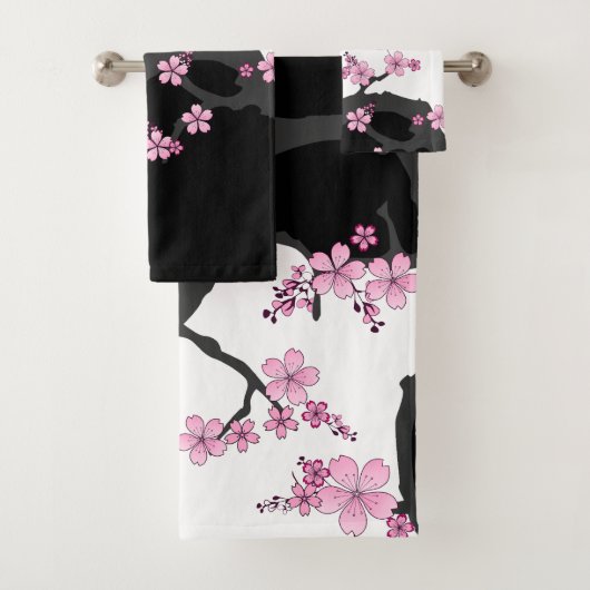 Japans Kimono Black en White Pink Sakura Bad Handdoek (Insitu)