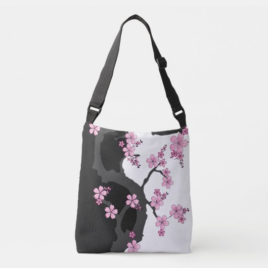 Japans Kimono Black en White Pink Sakura Crossbody Tas (Voorkant)