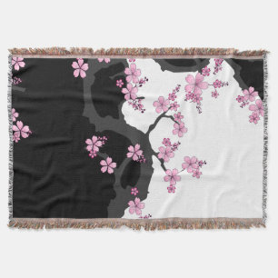 Japans Kimono Black en White Pink Sakura Deken