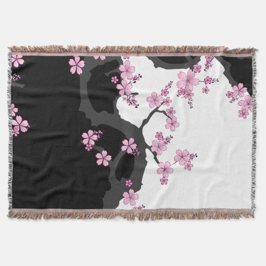 Japans Kimono Black en White Pink Sakura Deken (Voorkant)