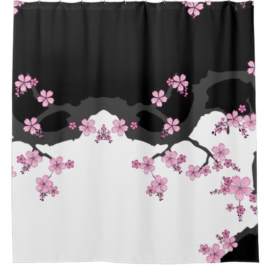 Japans Kimono Black en White Pink Sakura Douchegordijn (Voorkant)