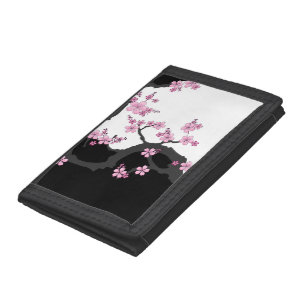 Japans Kimono Black en White Pink Sakura Drievoud Portemonnee