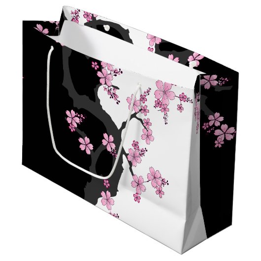 Japans Kimono Black en White Pink Sakura Groot Cadeauzakje (Voorkant Gekanteld)