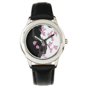Japans Kimono Black en White Pink Sakura Horloge