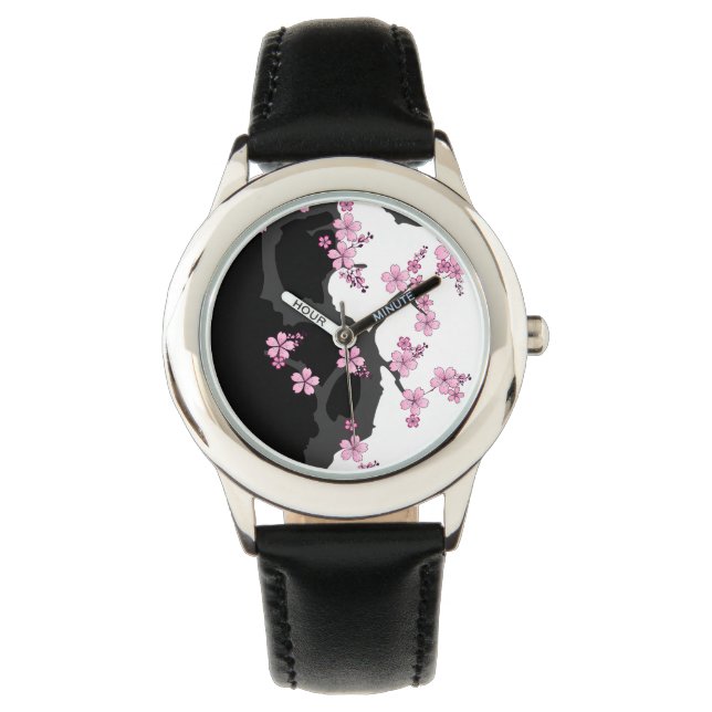 Japans Kimono Black en White Pink Sakura Horloge (Voorkant)