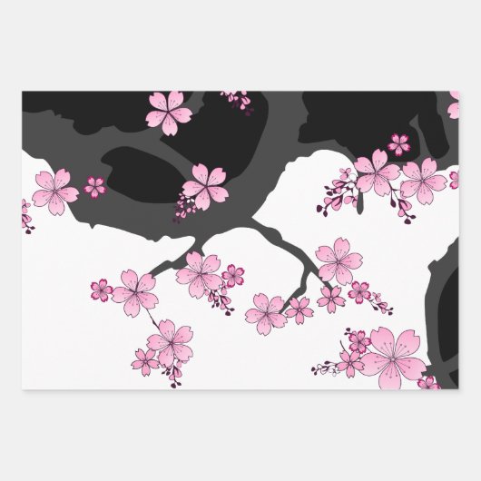 Japans Kimono Black en White Pink Sakura Inpakpapier Vel (Voorkant 3)