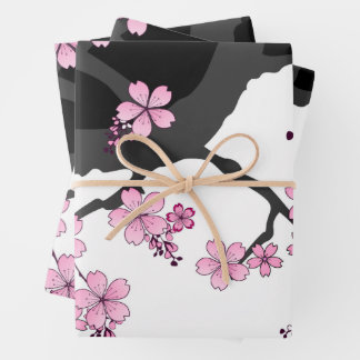 Japans Kimono Black en White Pink Sakura Inpakpapier Vel