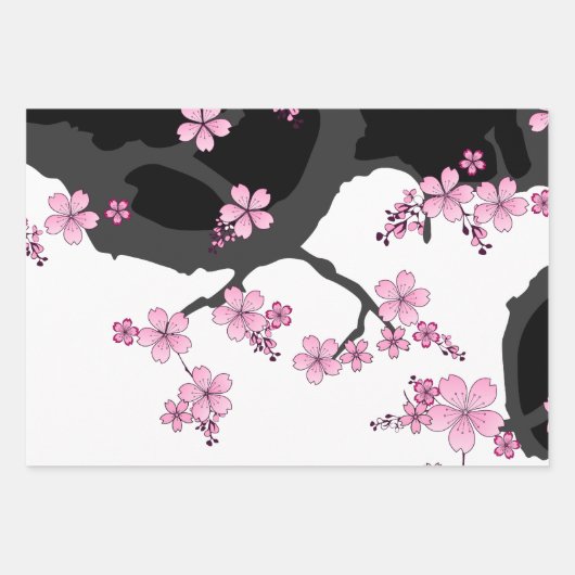 Japans Kimono Black en White Pink Sakura Inpakpapier Vel (Voorkant)