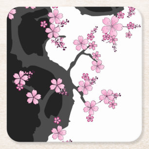 Japans Kimono Black en White Pink Sakura Kartonnen Onderzetters