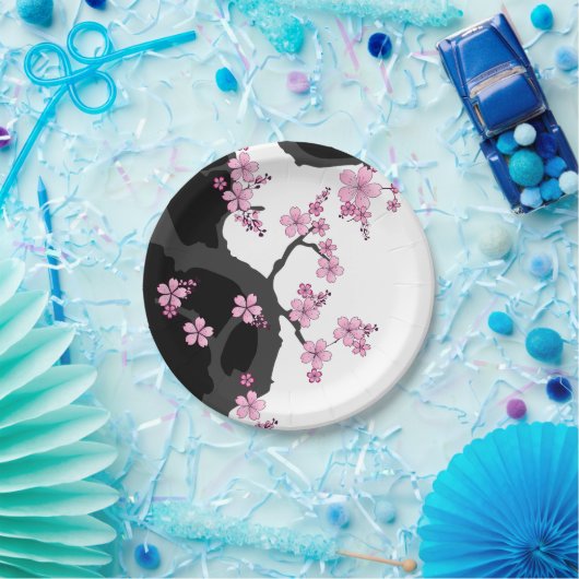 Japans Kimono Black en White Pink Sakura Papieren Bordje (Feest)