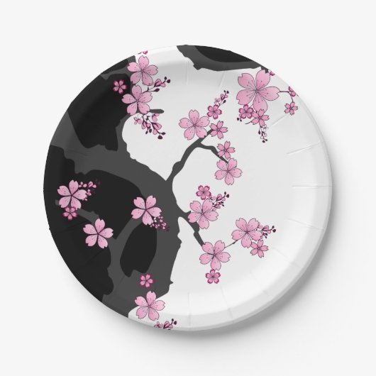 Japans Kimono Black en White Pink Sakura Papieren Bordje (Voorkant)